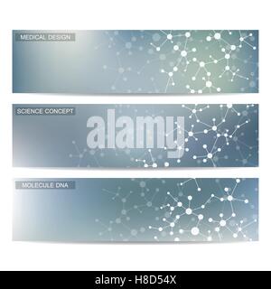 Set of modern scientific banners. Molecule structure DNA and neurons. Abstract background. Medicine, science, technology. Vector Stock Vector