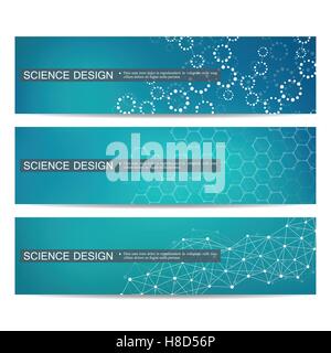 Set of modern scientific banners. Molecule structure DNA and neurons. Abstract background. Medicine, science, technology. Vector Stock Vector