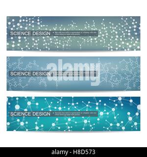 Set of modern scientific banners. Molecule structure DNA and neurons. Abstract background. Medicine, science, technology. Vector illustration for your design. Stock Vector