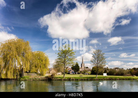 View across the river Thames towards Lechlade and the parish church of St Lawrence. Stock Photo