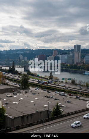 PORTLAND, OR - OCTOBER 8, 2016: Downtown Portland Oregon along the waterfront as seen from the Lloyd District on a cloudy Autumn Stock Photo