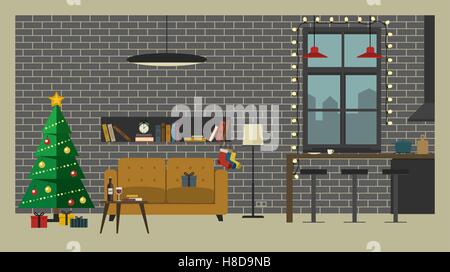 Christmas interior of living room Stock Vector
