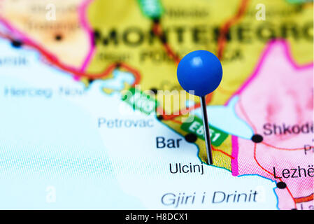 Ulcinj pinned on a map of Montenegro Stock Photo