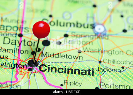 Cincinnati pinned on a map of Ohio, USA Stock Photo