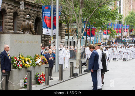 Sydney,Australia. Friday 11th November 2016. Nicolas Croizer Consul-General Republic of France nearest  lays a wreath at the Cenotaph in Martin Place Sydney during Remembrance Day service Credit:  martin berry/Alamy Live News Stock Photo