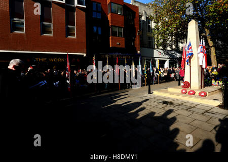 Peterborough, UK. 11th Nov, 2016. Armistice Day. Shdows surround the War Memorial in Peterborough as it is illuminated by sunshine. People marking Armistice Day in Peterborough, UK. A two-minute silence is held across the country on the eleventh hour of the eleventh day in the eleventh month, marking the end of the First World War.  Credit:  Paul Marriott/Alamy Live News Stock Photo