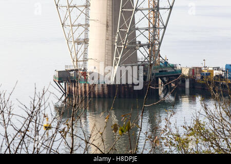 Queensferry, Edinburgh, Scotland, 11th, November, 2016. Forth Bridges.  The 2nd Road bridge is nearing completion and this photo show construction work and assemblies of the northern pier and pontoon.  Phil Hutchinson/Alamy Live News Stock Photo