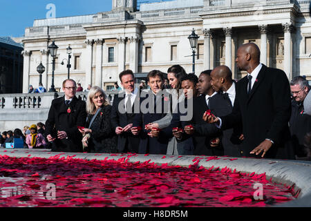 London, UK. 11th November 2016. The Royal British Legion hosts Armistice Day commemorations with 'Silence In The Square' event in London's Trafalgar Square. Each year on 11 November at 11am the Two Minute Silence is observed to pay tribute to British servicemen who have fallen in World Wars and were injured or died in conflicts since 1945. Armistice Day marks the end of the First World War and refers to a ceasefire between Germany and the Allies which came into effect at 11am on 11 November 1918. PICTURED: Celebrities throw poppies into the fountain. Wiktor Szymanowicz/Alamy Live News Stock Photo