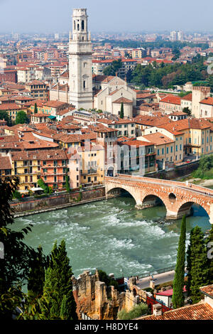 Aerial view of Adige river and Saint Peter bridge in Verona city, Italy Stock Photo