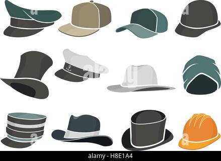 set of colored flat hats military and civilian Stock Vector