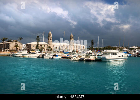 King's Wharf Bermuda view from the Sea of the historic architecture & harbor. Stock Photo