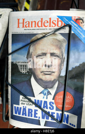 Donald Trump portrait on German newspaper Handelsblatt front cover during American US election in Berlin November 2016 Stock Photo