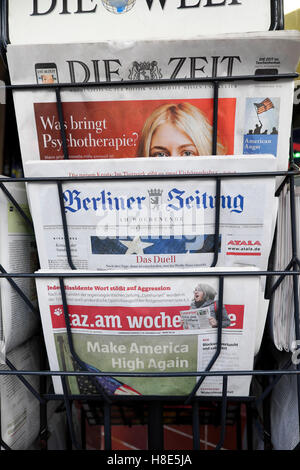 German  newspapers on stand front covers page at newsagents during US election in Berlin November 2016 Stock Photo