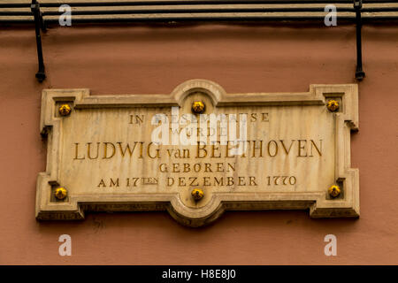Wall plaque to commemorate the birthplace of  Ludwig van Beethoven, Bonn, Germany Stock Photo