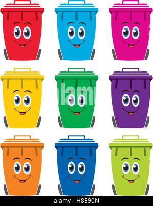 vector set of colorful flat recycling wheelie bin icons, happy to store rubbish, recycling and garden waste Stock Vector