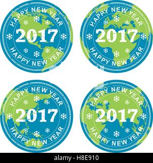 vector collection of happy new year 2017 rubber stamps on earth globes, all over the world celebration concept Stock Vector