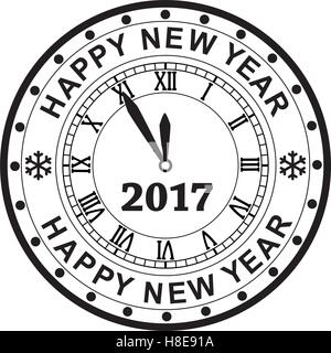 vector background of black and white new year 2017 rubber stamp design with a clock Stock Vector