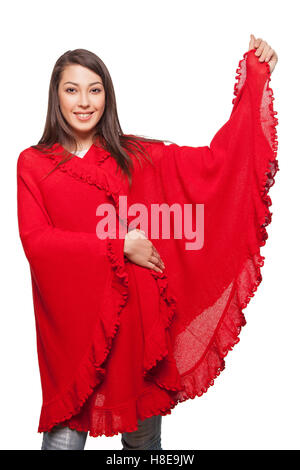 Young beautiful happy fashion model with scarf and hat. isolated on white, studio shot. Stock Photo