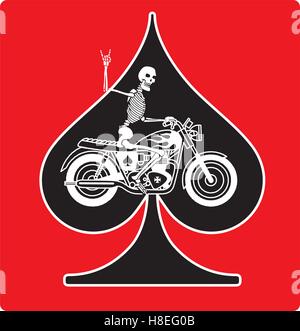 Ace of Spades with Skeleton Biker vector design. Cool motorcycle logo with skeleton biker giving devils horns salute. Stock Vector