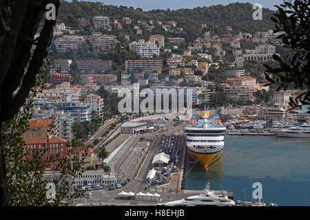 The Port of Nice wth Mont Boron beyond viewed from Château Hill Stock Photo
