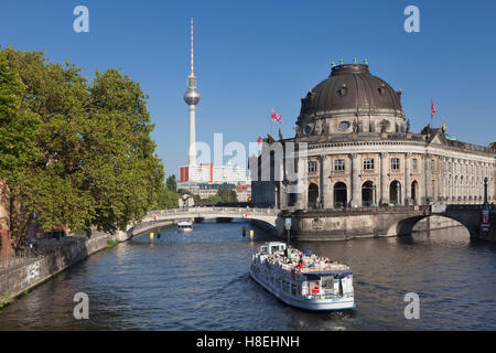 Excursion boat on Spree River, Bode Museum, Museum Island, UNESCO World Heritage Site, TV Tower, Mitte, Berlin, Germany, Europe Stock Photo