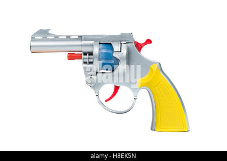 Toy plastic silver hand gun, isolated on white background Stock Photo
