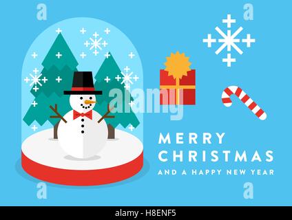 Colorful flat vector illustration of snowman in snow globe / collection / set of christmas objects / elements. Greeting card Stock Vector