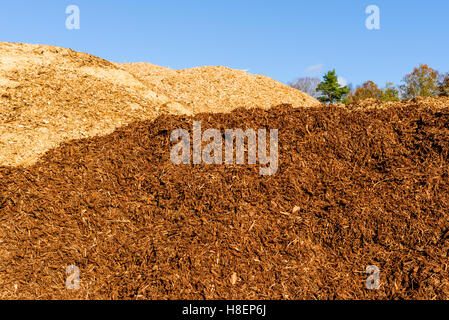Large pile of biomass solid fuel in the form of medium sized wood chips ...