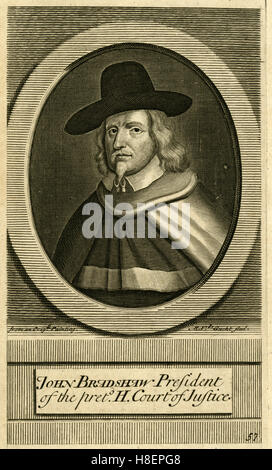 Antique c1790 engraving, John Bradshaw. John Bradshaw (1602-1659) was an English judge. He is most notable for his role as President of the High Court of Justice for the trial of King Charles I and as the first Lord President of the Council of State of the English Commonwealth. SOURCE: ORIGINAL ENGRAVING. Stock Photo