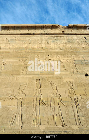 Detail of first pylon of Temple of Isis on Philae Island, Lake Nasser near Aswan, Egypt, North Africa Stock Photo