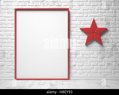 Mock-up red canvas frame, red star decor and brick wall. 3D render illustration Stock Photo