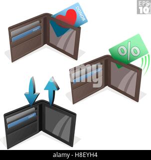 Leather wallets with credit cards, debit and organ donor cards Stock Vector