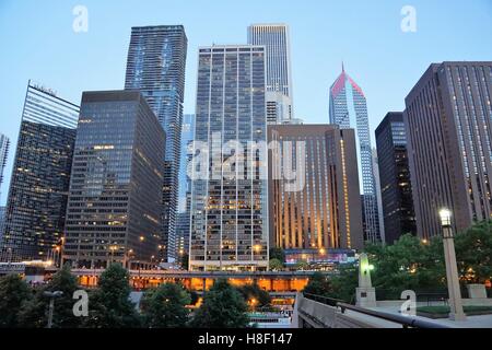 Chicago sunset / dusk buildings in the city near Trump Tower Stock Photo