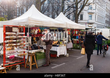 View of weekly Eko-Markt, or Eco-Market, at Kollwitzplatz in gentrified Prenzlauer Berg neighbourhood of Berlin , Germany Stock Photo