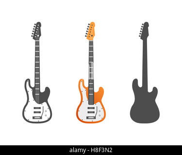 Electric guitars icons set. Musical instrument symbols illustration. Isolated on white background. Music elements, concert equipment. Sound label or badge. Color, grey, silhouette templates Stock Photo