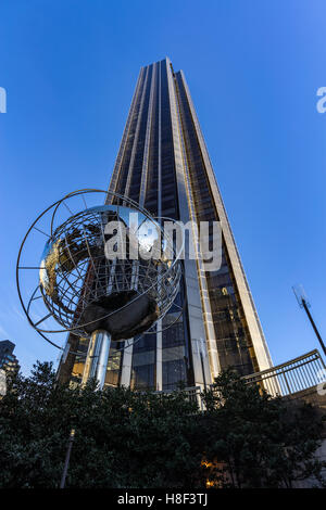 Trump International Hotel and Tower skyscraper with metal globe sculpture. Midtown, Manhattan, New York City