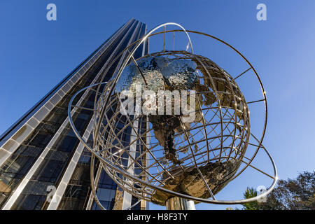 Trump International Hotel and Tower skyscraper with metal globe sculpture. Midtown, Manhattan, New York City Stock Photo