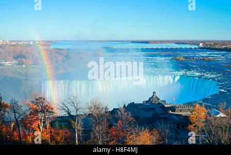 Scenic view overlooking Niagara Horseshoe Falls, Table Rock Welcome Centre from Canadian side of Niagara River Stock Photo