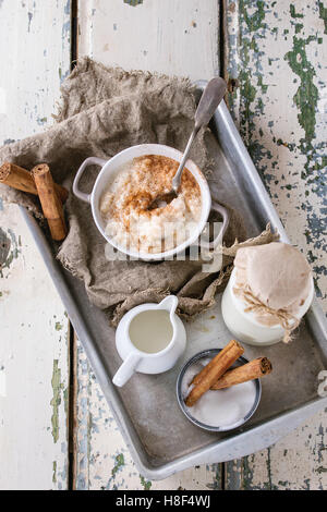 Ingredients for making rice pudding Stock Photo