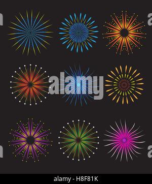 Fireworks icons set.  vector on black background. Holiday and party firework  collection.  illustration Stock Vector