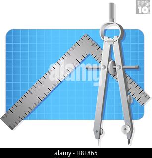 Architectural compass, metal square ruler, and construction blue print Stock Vector