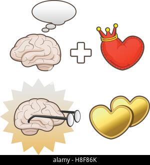 A thinking brain plus a king of hearts and a nerds brain and golden hearts Stock Vector
