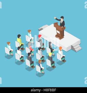 Isometric businessman speaking at a podium in a conference, public speaker, business meeting concept Stock Vector