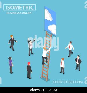 Flat 3d isometric businessman climbing ladder to the door with blue sky, freedom and success concept, Stock Vector