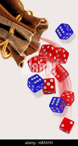 Rolling the blue and red dice. Stock Photo