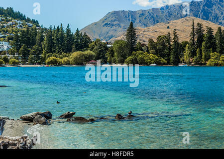 The Remarkables and Lake Wakatipu, Queenstown, New Zealand Stock Photo