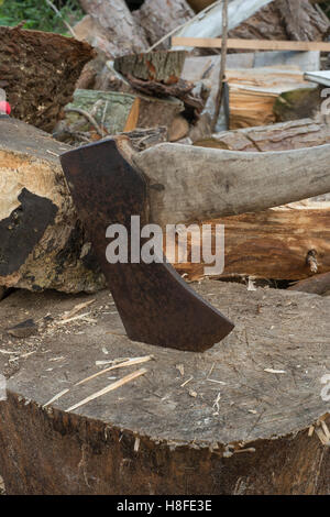 Rusty axe on a tree stump Stock Photo