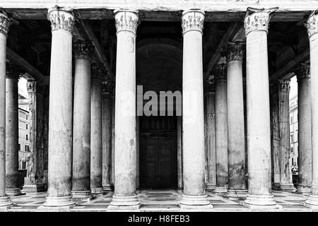 Black-white portico at the entrance to Roman Empire ancient temple - Pantheon, in modern Rome, Italy. Stock Photo