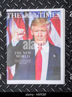 The Times newspaper front page reporting on the US presidential election result in which Donald Trump became the 45th President of the United States.