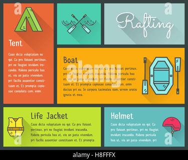 Flat design vector infographics of kayaking, canoe equipment with text and icons, emblems. Cute style for web, mobile app, long shadow. Outdoor adventure and travel theme. Illustration Stock Vector
